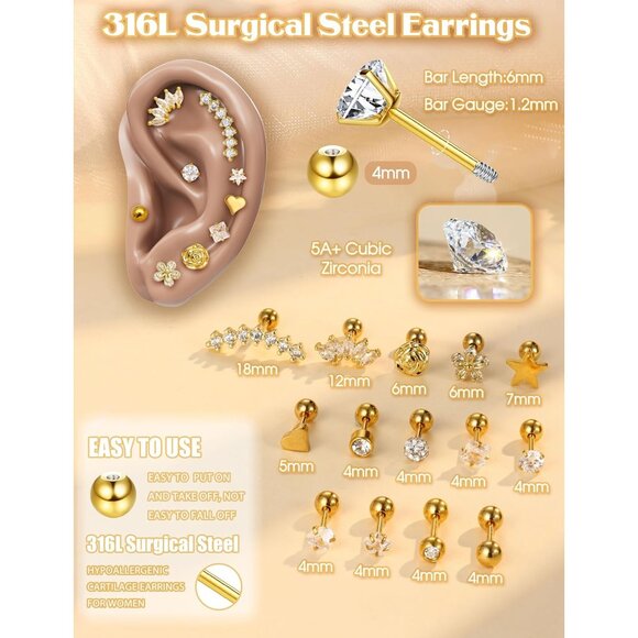 Budget 14-Pair Stainless Steel Hypoallergenic Stud Earrings Set in Gold Silver R - Picture 4 of 7